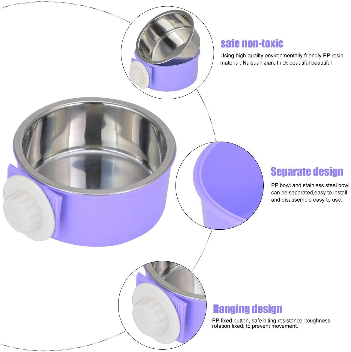 Crate Dog Bowl Removable Stainless Steel Water Food Feeder Bowls Cage Coop Cup for Cat Puppy Bird Pets 