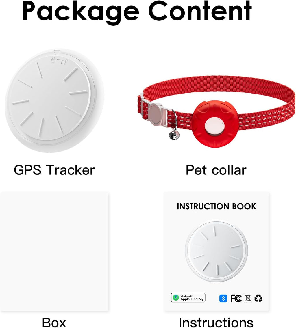 Cat GPS Tracker, Cat Tracker Compatible with Apple Find My App (Only iOS), No Monthly Fee, Waterproof, Breakaway Collar Included, Up to 1 Year Battery, Red