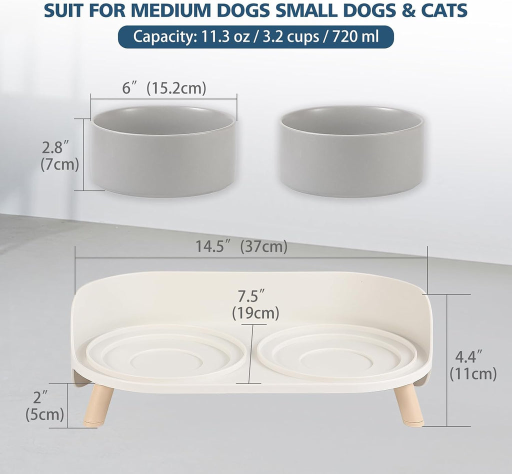 Elevated Ceramic Dog Bowl Set - Double Dog Feeding Bowls with Stand Splash Proof - Raised Dishes for Food and Water - Ideal for Small to Medium Dogs - 2 x 720 ml - 11.3 oz - Grey