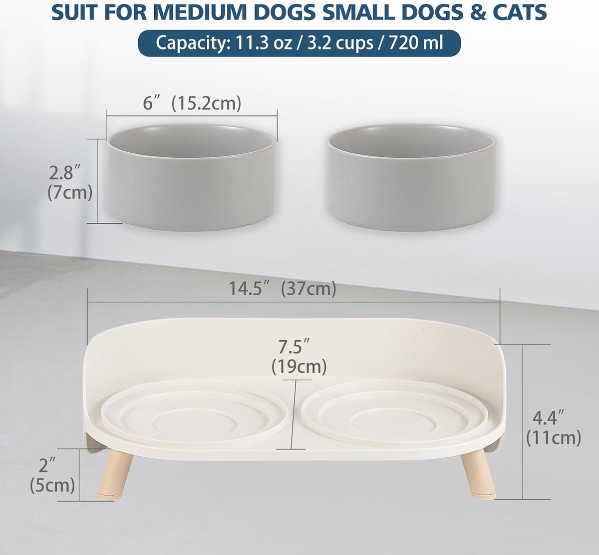 Elevated Ceramic Dog Bowl Set - Double Dog Feeding Bowls with Stand Splash Proof - Raised Dishes for Food and Water - Ideal for Small to Medium Dogs - 2 x 720 ml - 11.3 oz - Grey