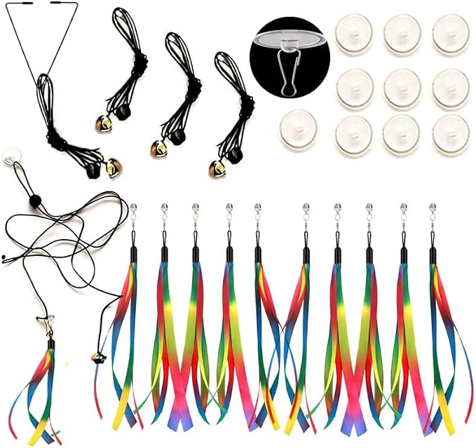 Door Hanging Cat Toys with Suction Cups, Interactive Hanging Feather & Plush Cat Toy with Bell, Assorted Replaceable Refills for Indoor Kitten Hunting Exercise (Ribbon Set (10Pcs))