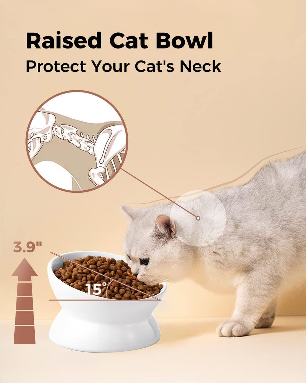 LoeJan Elevated Cat Food Bowl, 5 Oz Ceramic Raised and Tilted Water Bowl, Anti Vomiting and Protect Pets' Spines Dishes for Small Dog, Fat Faced Cat, Kitten (White, 4 Pack)