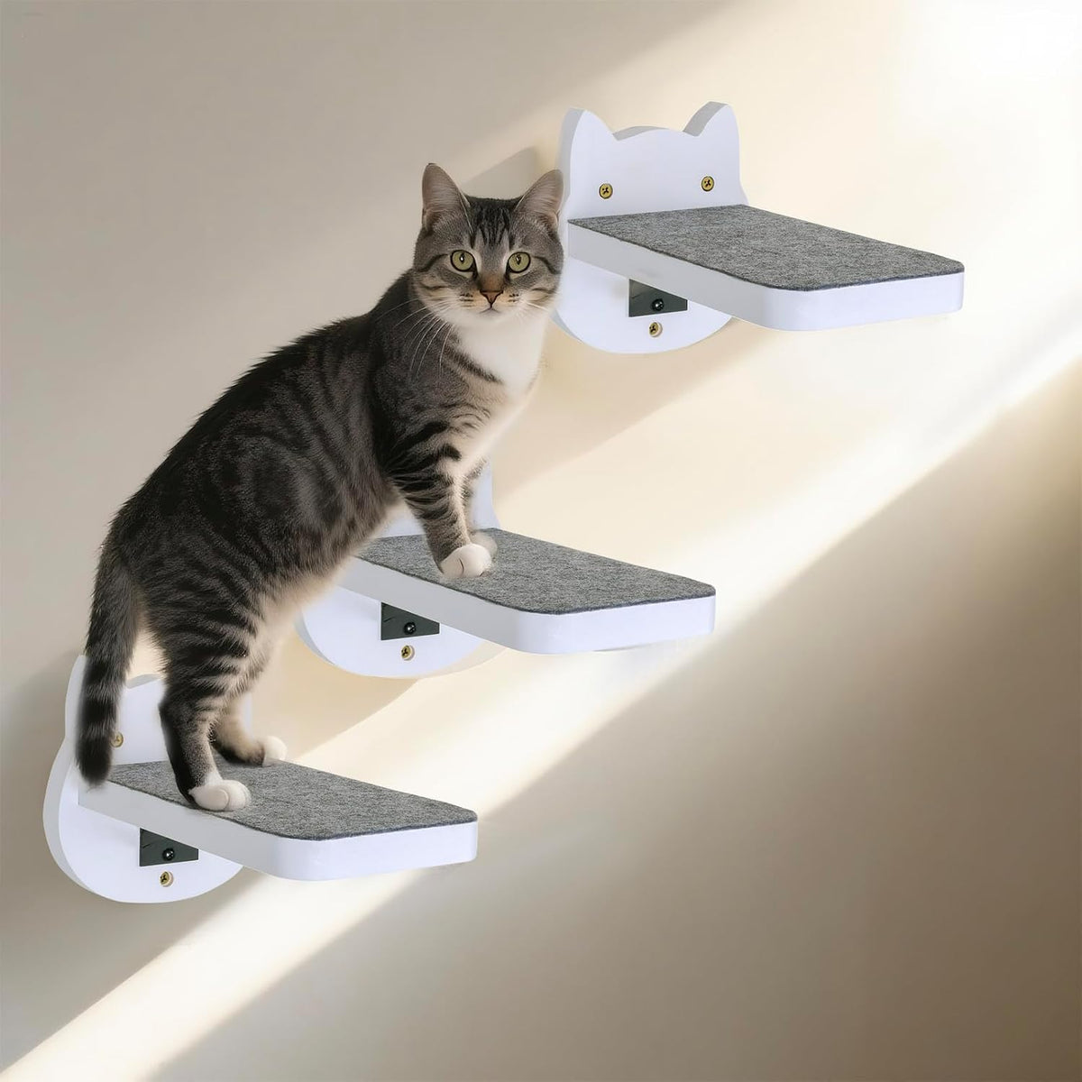 ESPETS White Painted Wooden Cat Wall Floating Steps Set of 3