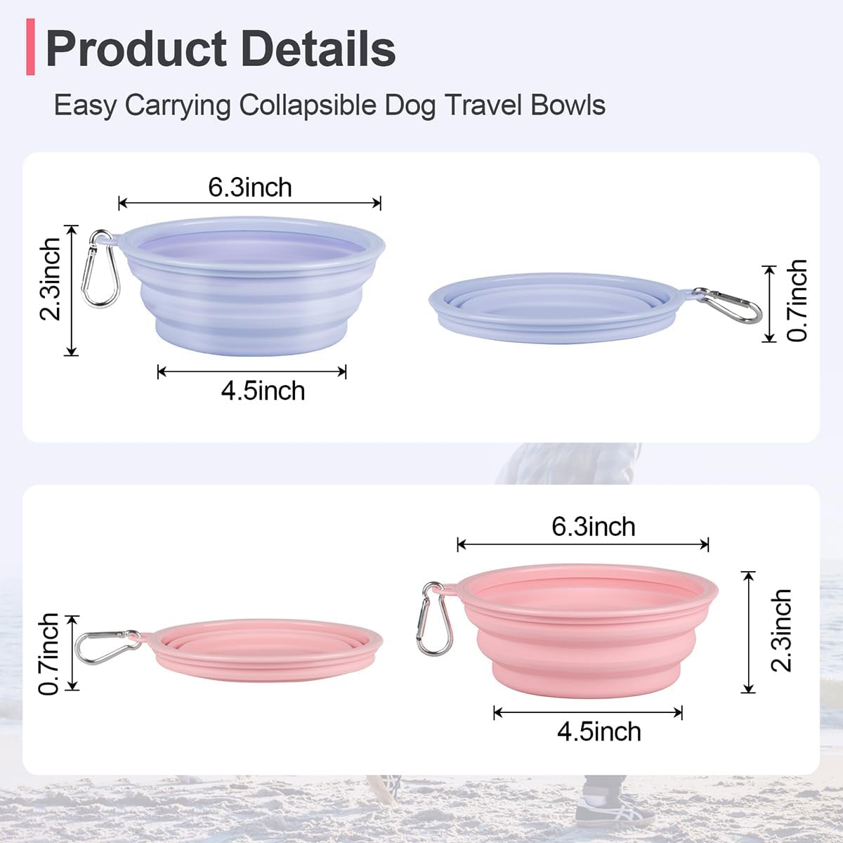 Kytely Collapsible Dog Bowls Medium, 2Pack Foldable Dog Travel Bowl, Portable Pet Water Food Bowl with Clasp, Pet Cat Feeding Cup Dish for Traveling, Walking, Hiking (Lavender & Pink)