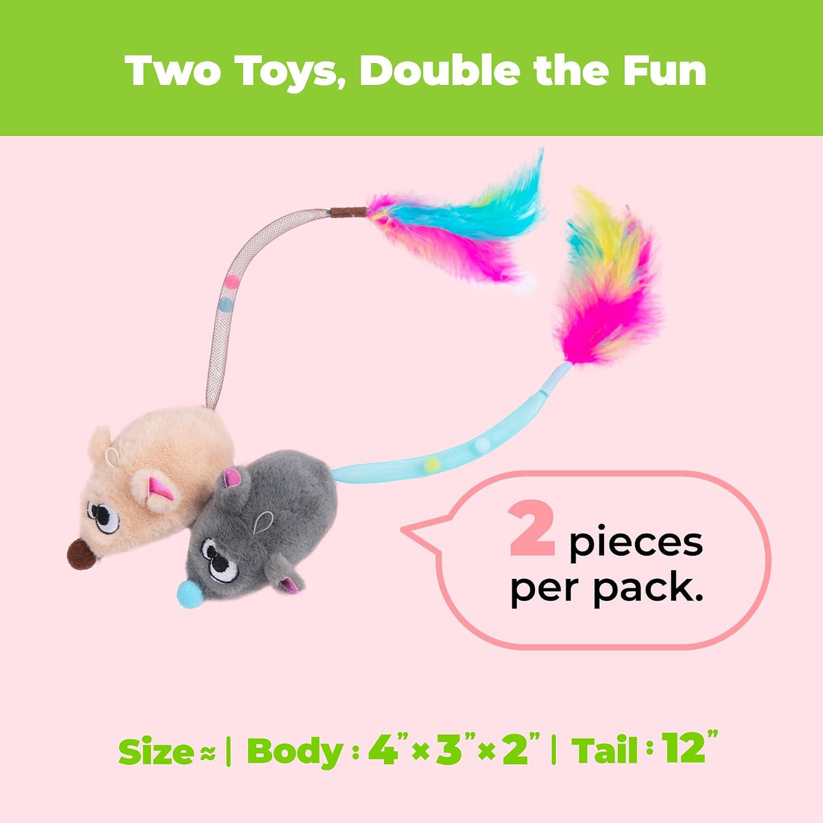 Catify Interactive Cat Toy - Squeaking Mice Set, Beige & Gray