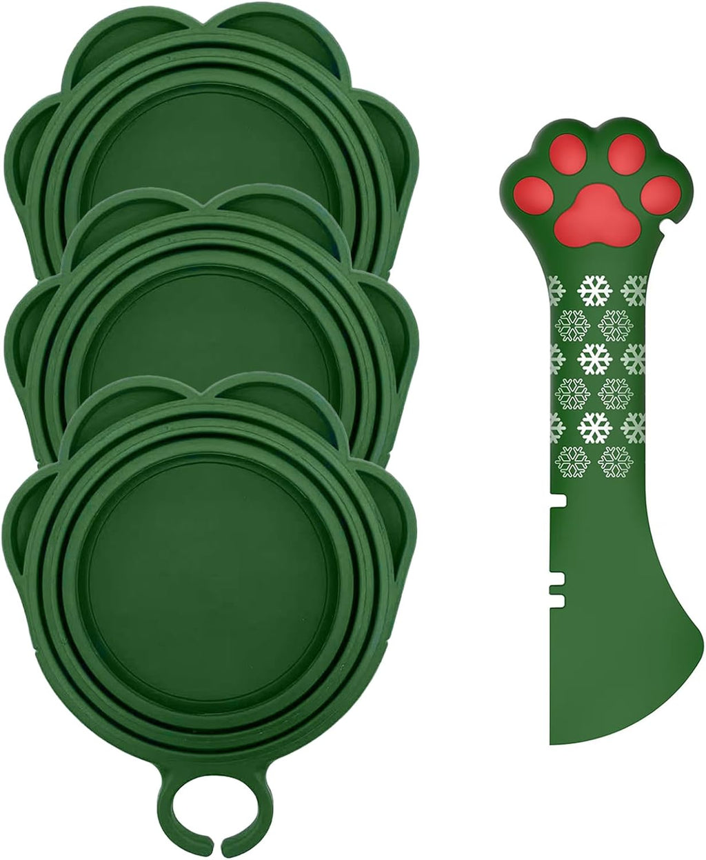 Christmas Pet Set - 3 Cat Food Can Lids & 1 BPA-Free Opener | Cute Paw Shape Can Covers and Opener Spatula Spoon for Wet Food | Silicone Spoon & Covers for Dog Cat - Paw Green
