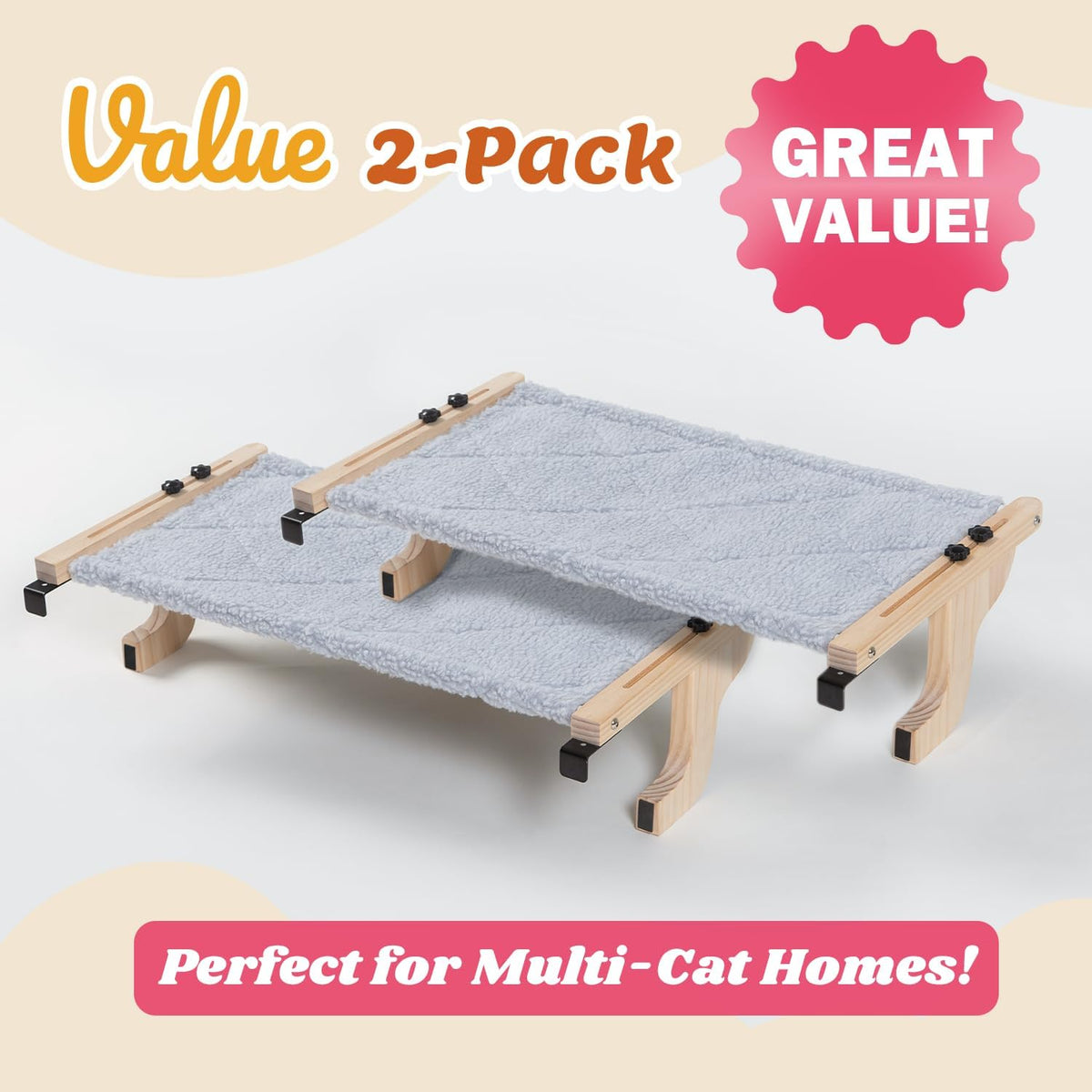 Zakkart 2-PC Easy Seat Cat Perch for Windowsill (Natural Wood/Gray, M)