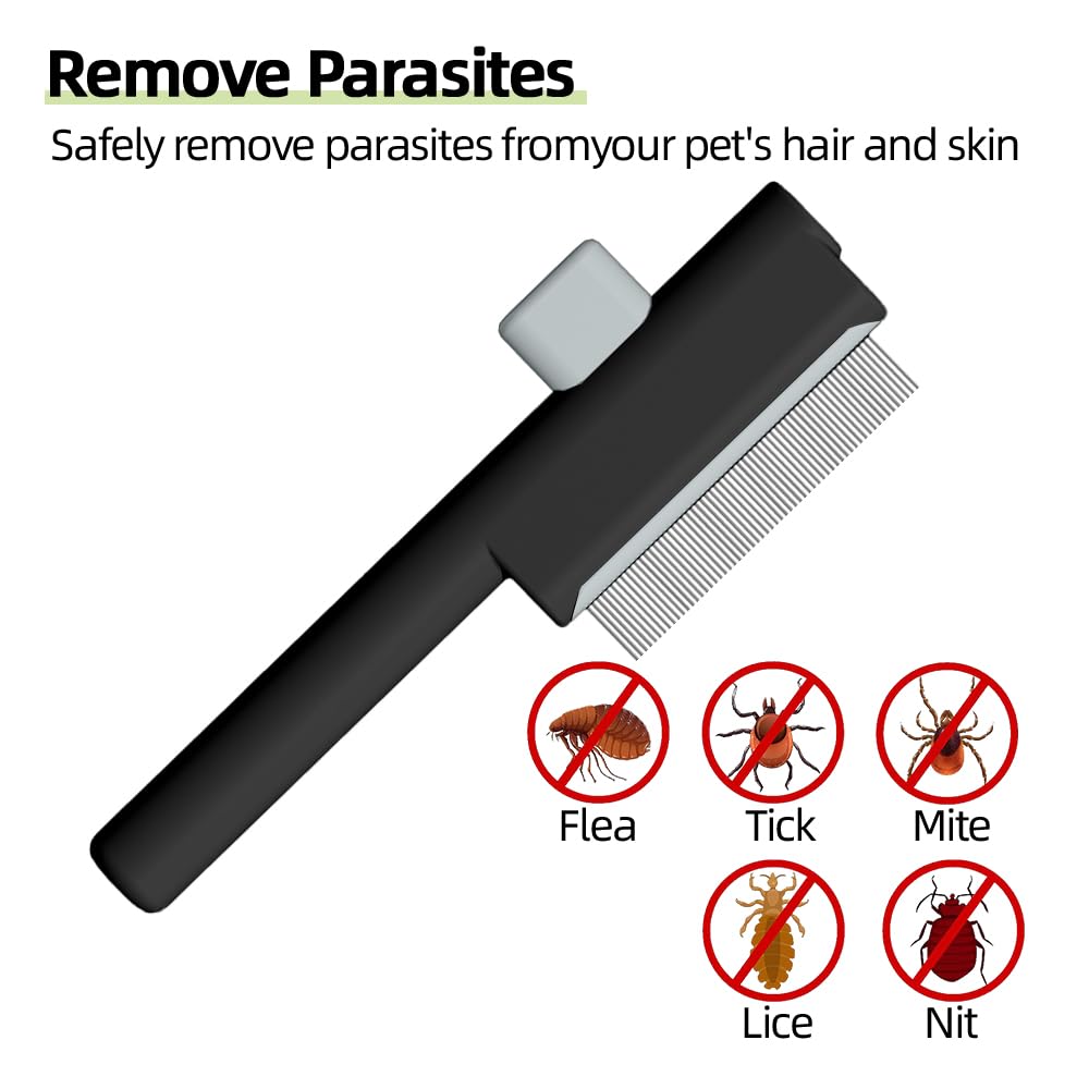 Marchul 2Pcs Pet Comb Flea Comb Set for Cats Dogs, Cat Grooming Brush with Release Button and Stainless Steel Round Teeth, Self-Cleaning Dog Combs for Removing Pet Hair, Knots & Loose Fur, Black