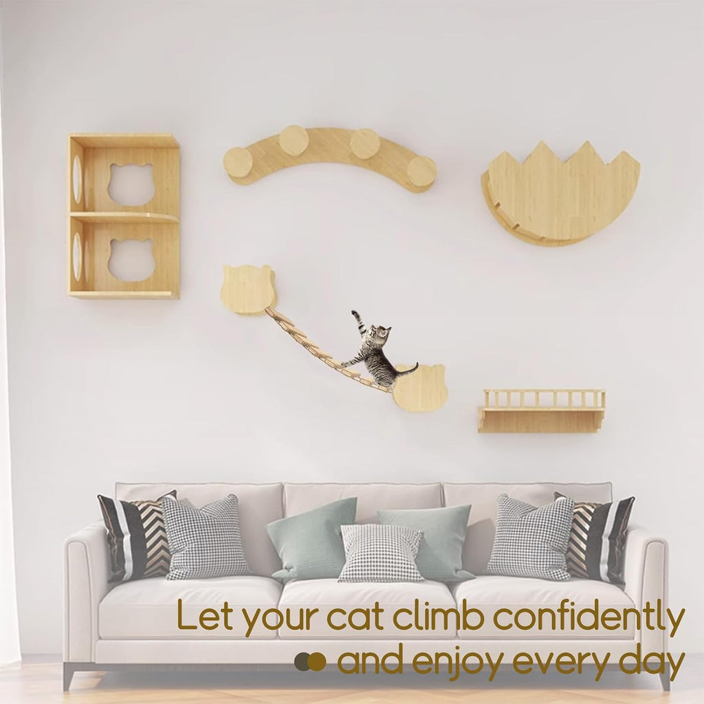 Cat Ladder & Bridge for Indoor Cats - Wooden Cat Wall Furniture with Climbing Rope - Wall Mounted Cat Shelves for Play & Lounging (Wood Tone, A-20in)