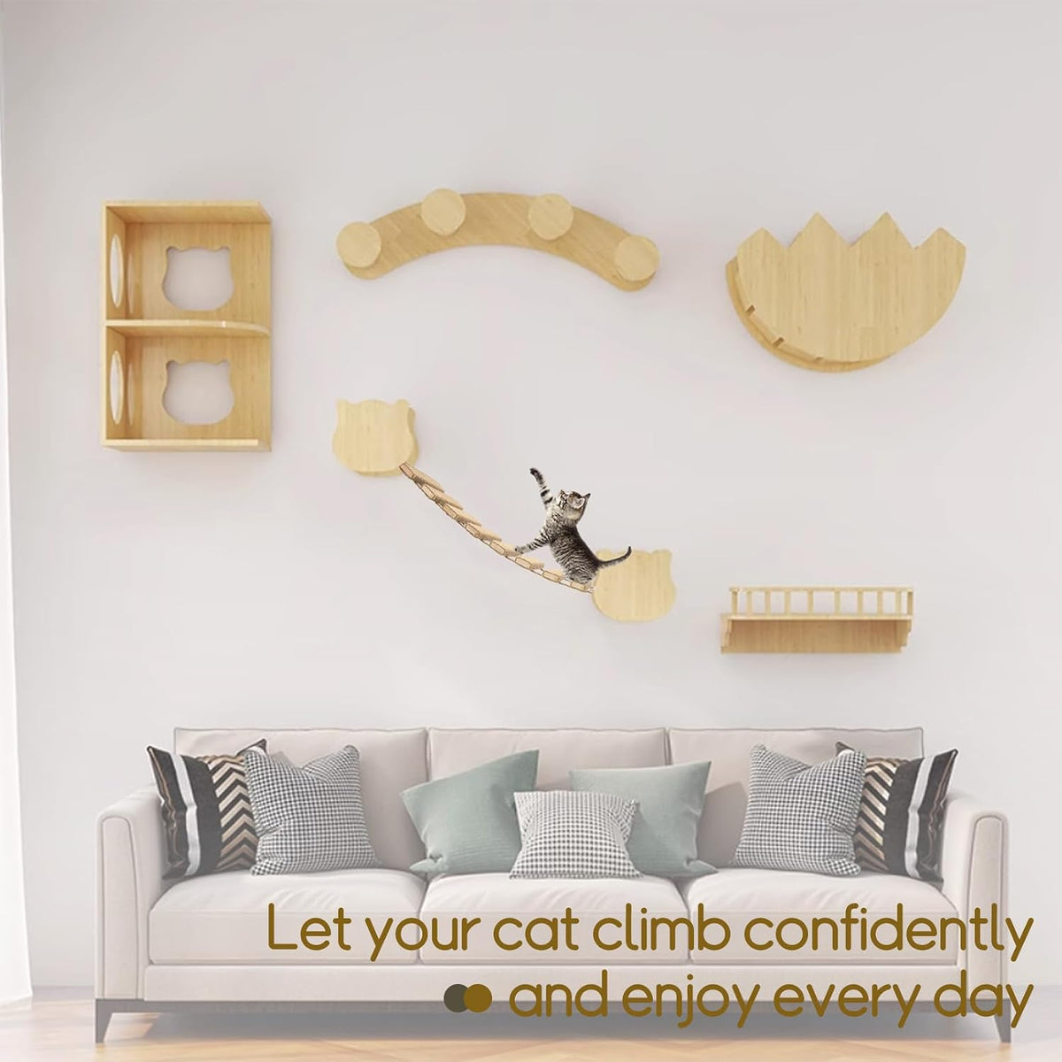 Cat Ladder & Bridge for Indoor Cats - Wooden Cat Wall Furniture with Climbing Rope - Wall Mounted Cat Shelves for Play & Lounging (Wood Tone, A-20in)