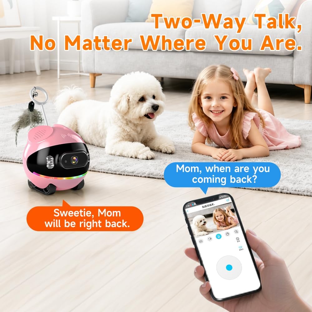 Pet Camera Robot with Cat Teaser: Battery-Operated, Movable with Phone App, 2-Way Talk, Video/Photo, Night Vision (Pink)