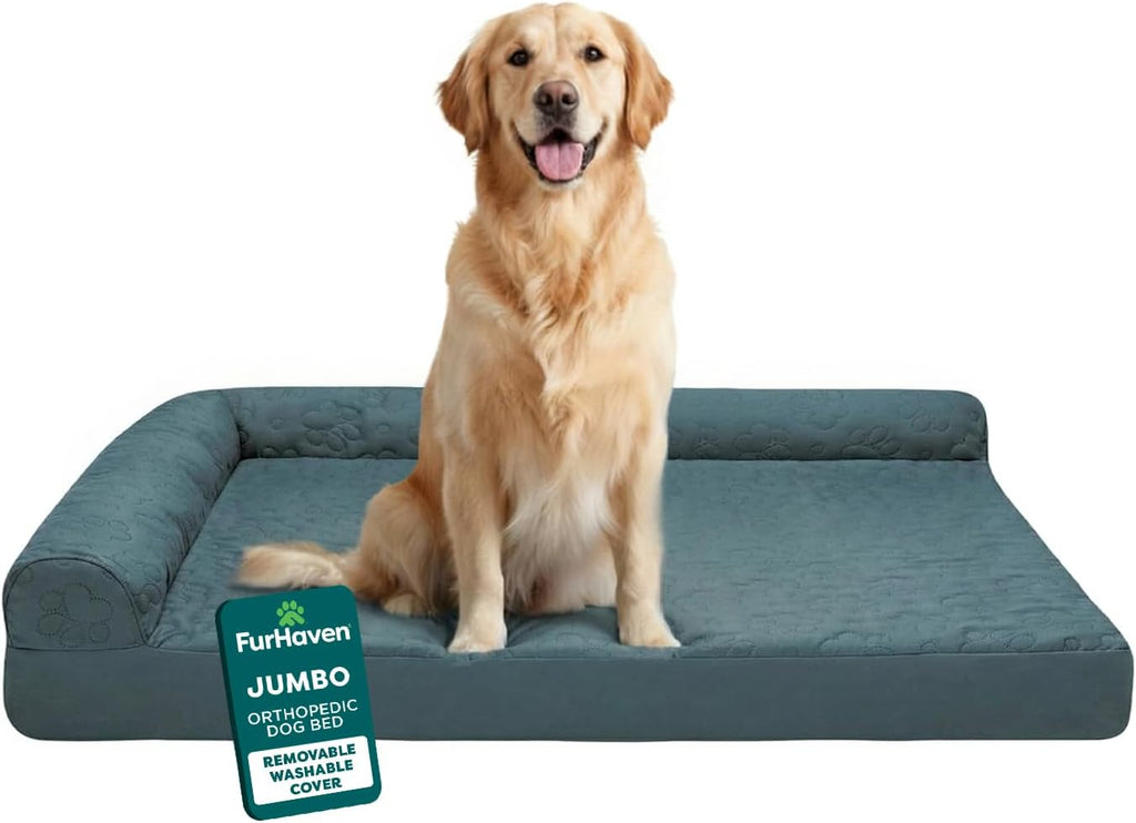 Furhaven Orthopedic Dog Bed for Large Dogs w/ Removable Bolsters & Washable Cover, For Dogs Up to 95 lbs - Pinsonic Quilted Paw L Shaped Chaise - Bluestone, Jumbo/XL