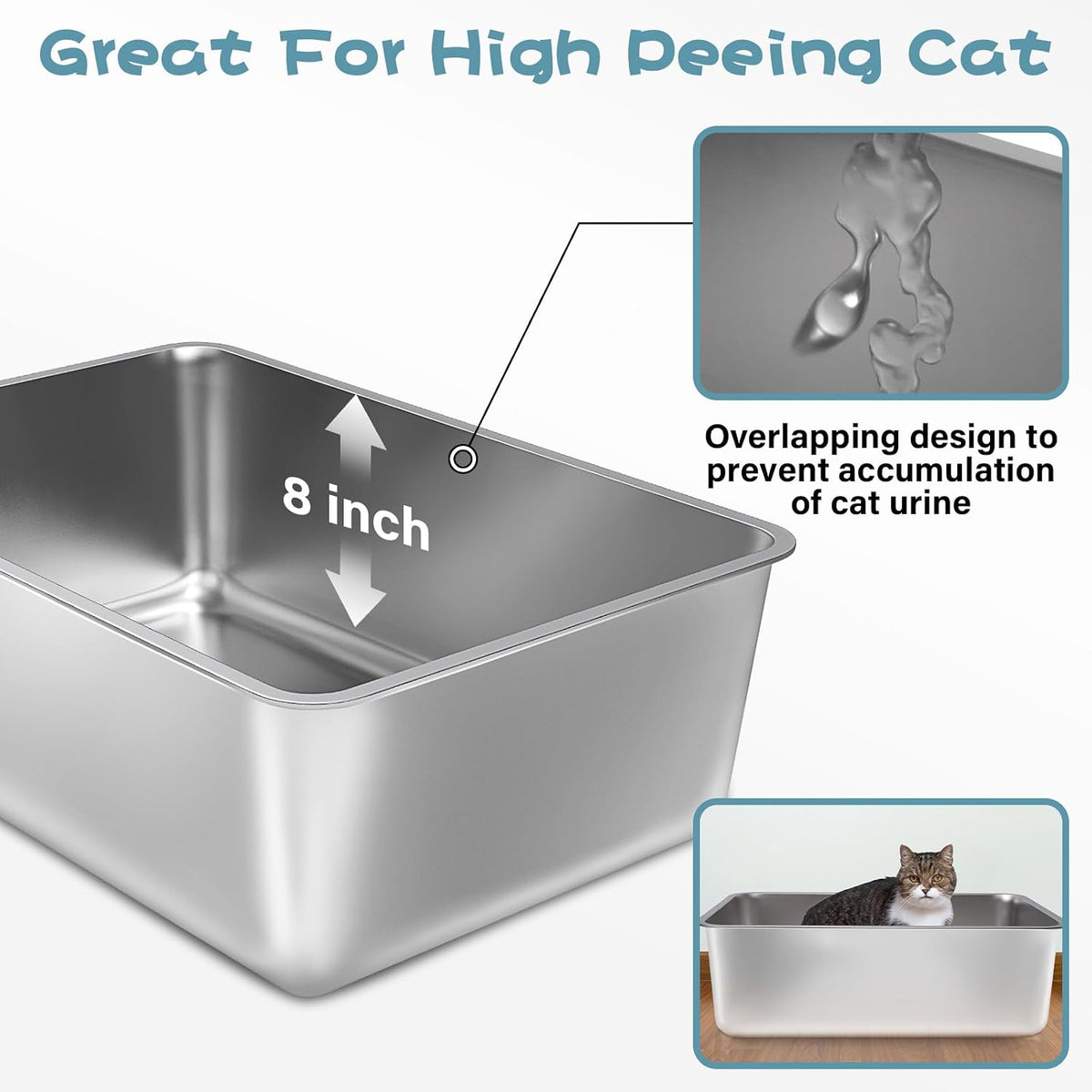Stainless Steel Cat Litter Box, XXL Metal Litter Box 2 Pack | 23.6"x15.8"x8" , Extra Large Steel Litter Box for Big Cats, Non Stick Easy Clean Surface, High Sided, 8 inch Deep