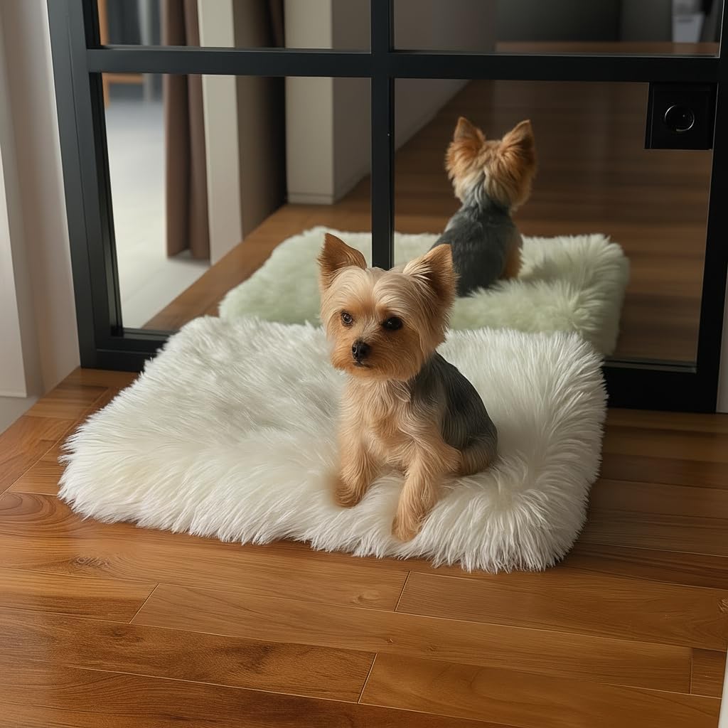 Faux Fur Orthopedic Rectangular Dog Bed, Memory Foam, White Small 23"x18"