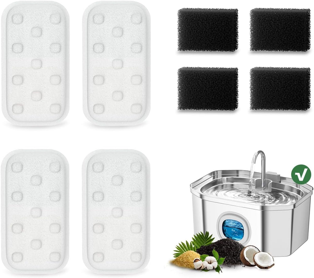 Cat Water Fountain 8 Pack Replacement Filters/Sponges (4+4) - Rectangle