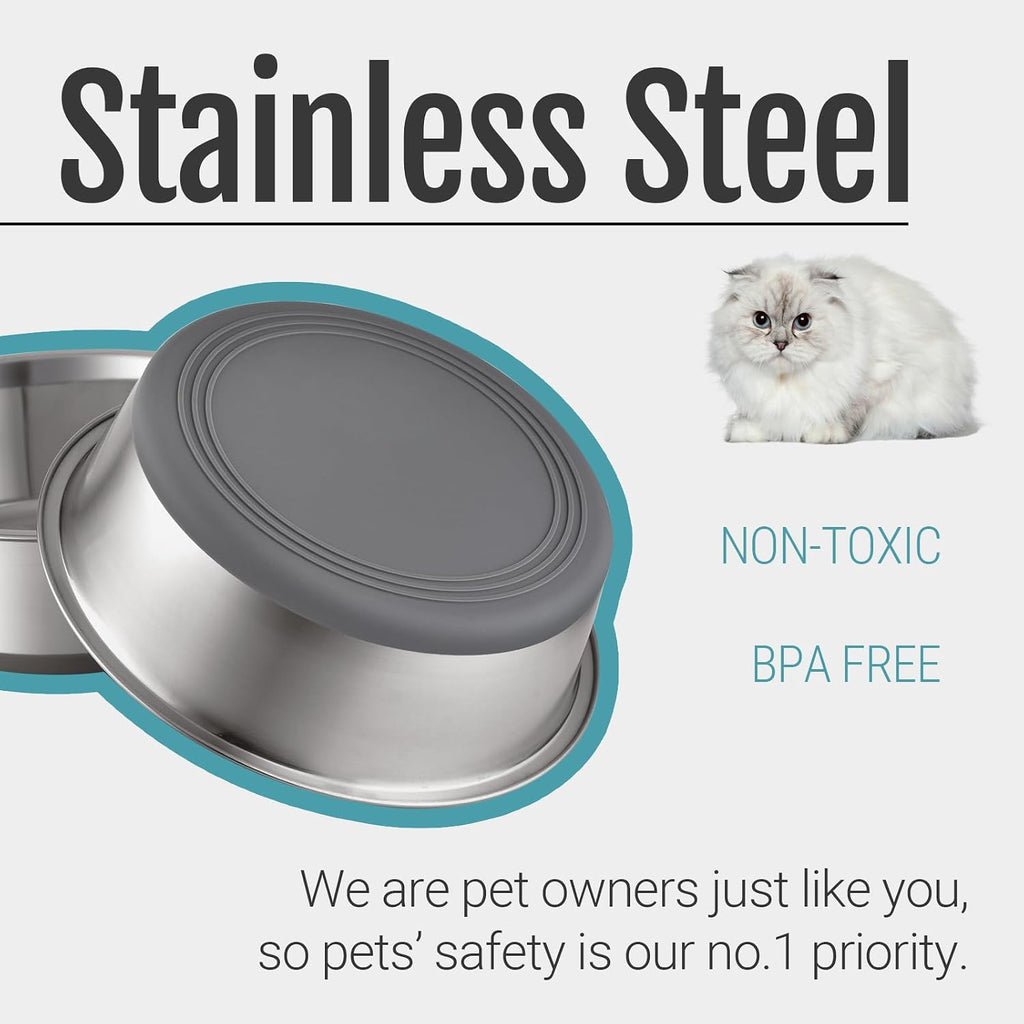 Nonslip Stainless Steel Dog Cat Bowls, 2 US Cup, 2 Count | No slide silicone bottom, Dishwasher safe, Easy to clean, Stackable design