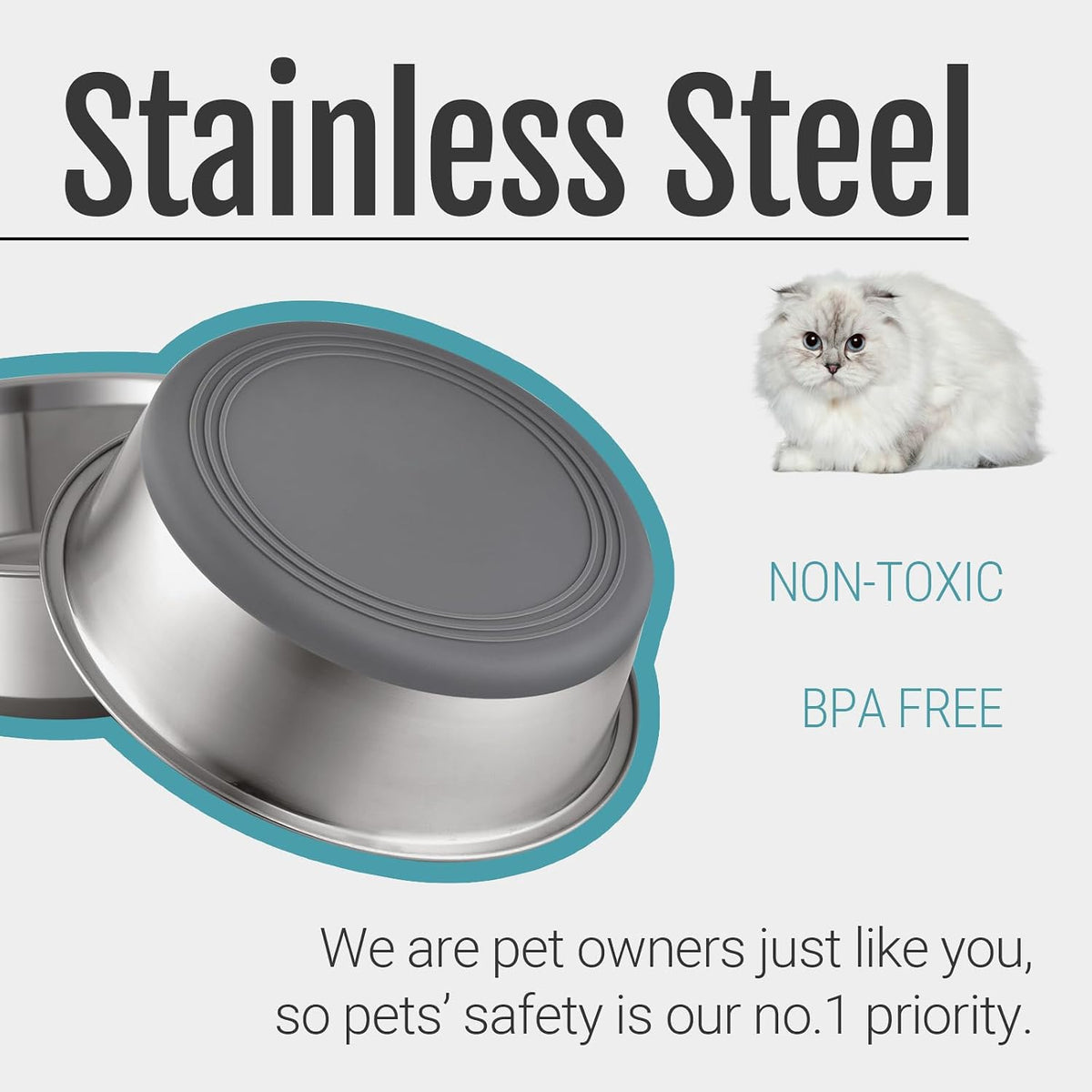 Nonslip Stainless Steel Dog Cat Bowls, 2 US Cup, 2 Count | No slide silicone bottom, Dishwasher safe, Easy to clean, Stackable design