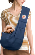 Tomkas Small Dog Cat Sling Carrier Puppy Purse Travel Wrap Soft Crossbody Pet Bag (Dark Blue, M - Zip Pocket & Classic Strap)