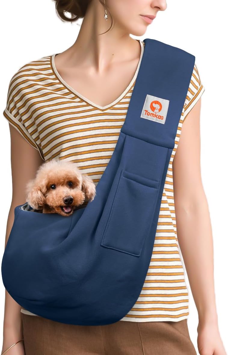 Tomkas Small Dog Cat Sling Carrier Puppy Purse Travel Wrap Soft Crossbody Pet Bag (Dark Blue, M - Zip Pocket & Classic Strap)