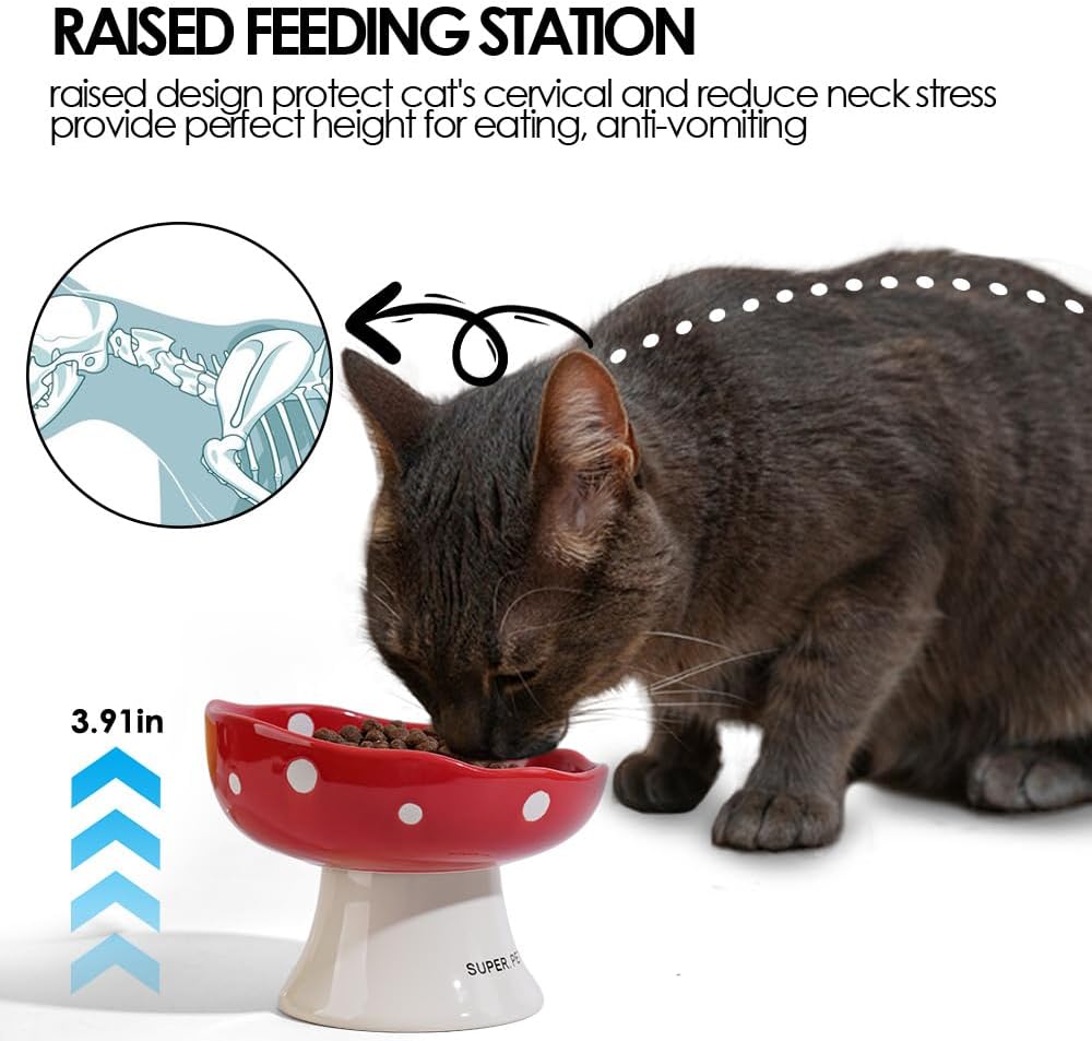 Black Mushroom Cat Bowl, Elevated Ceramic Bowl for Cats | Elevated, Ceramic, Whisker Friendly, Anti Vomitin,Cute Mushroom Design