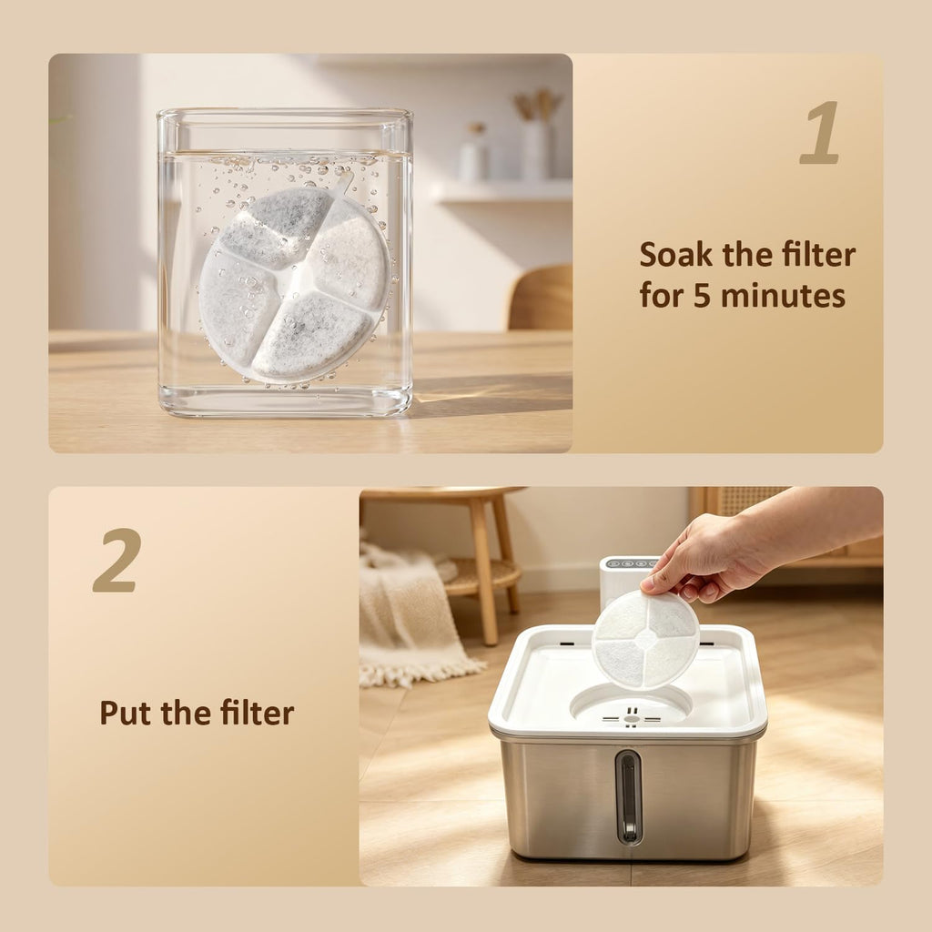 Cat Water Fountain Filter,8 Pack FS30PRO Cat Fountain Filter Replacement, 8 PCS Filters & 8 PCS Sponge Set for Stainless Steel Cat Dispenser