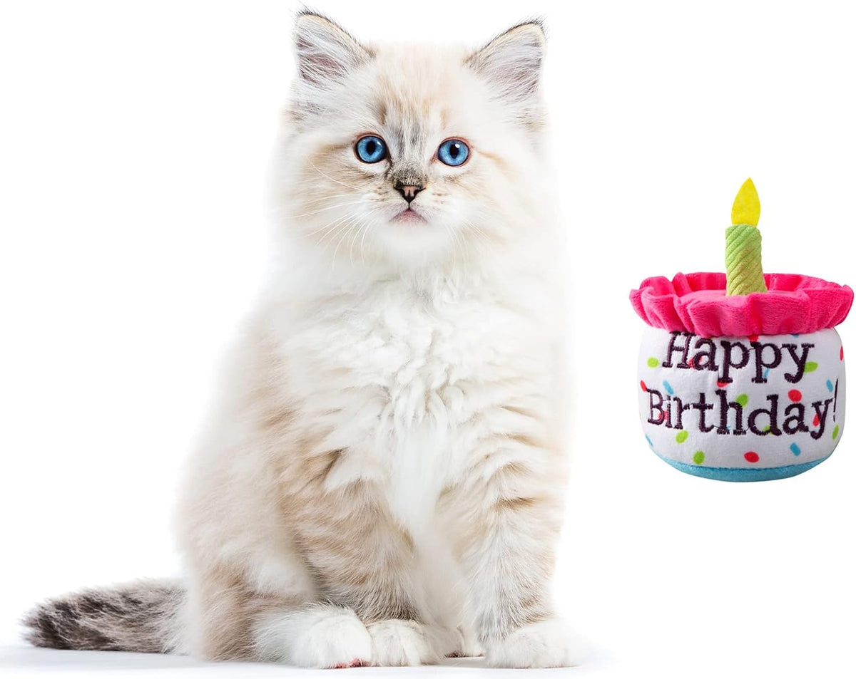 Happy Birthday Cake Catnip Toys, Birthday Cake Shaped Chew Toys for Kitten Funny Cats Gifts Plush Cat Birthday Party Toys, Pink