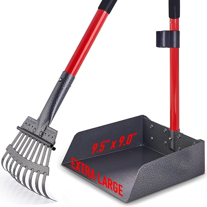 Metal Pooper Scooper for Dogs with Heavy Duty Long Handle Rake & XL Tray