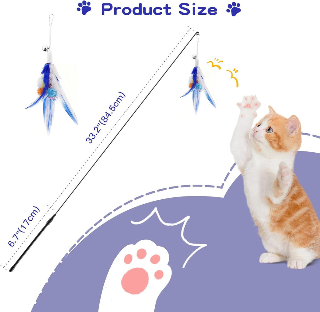 Pawaboo Cat Feather Wand Interactive Toy, 2 Feathers + 1 Wand with Bell | Cat Feather Teaser Toys Flying Catcher Extra Long 34.5" Wand Exerciser Playing Chase Cat Toy Wands for Kitten, Blue