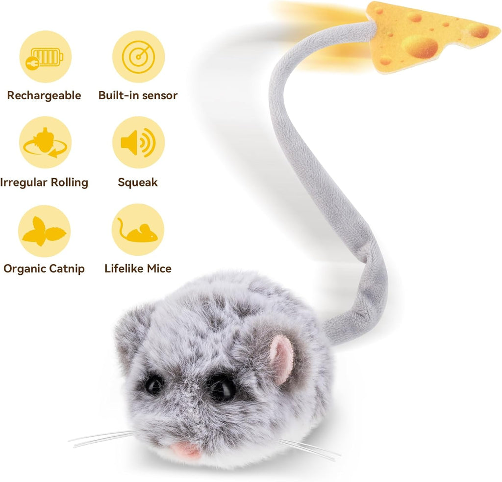 Migipaws Interactive MigiMouse Cat Toy 360° Rolling & Spin with Wiggling Tail for Indoor Cats Smart Motion Sensor, Realistic Squeak, Rechargeable Plush Kitten Toy(Grey Long)