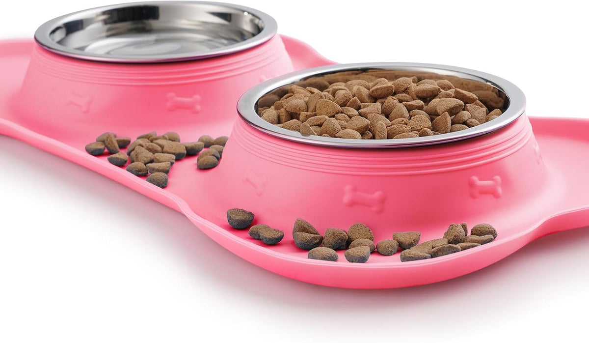 Hubulk Pet Dog Bowls 2 Stainless Steel Dog Bowl with No Spill Non-Skid Silicone Mat + Pet Food Scoop Water and Food Feeder Bowls for Feeding Small Medium Large Dogs Cats Puppies (Large, Pink) 