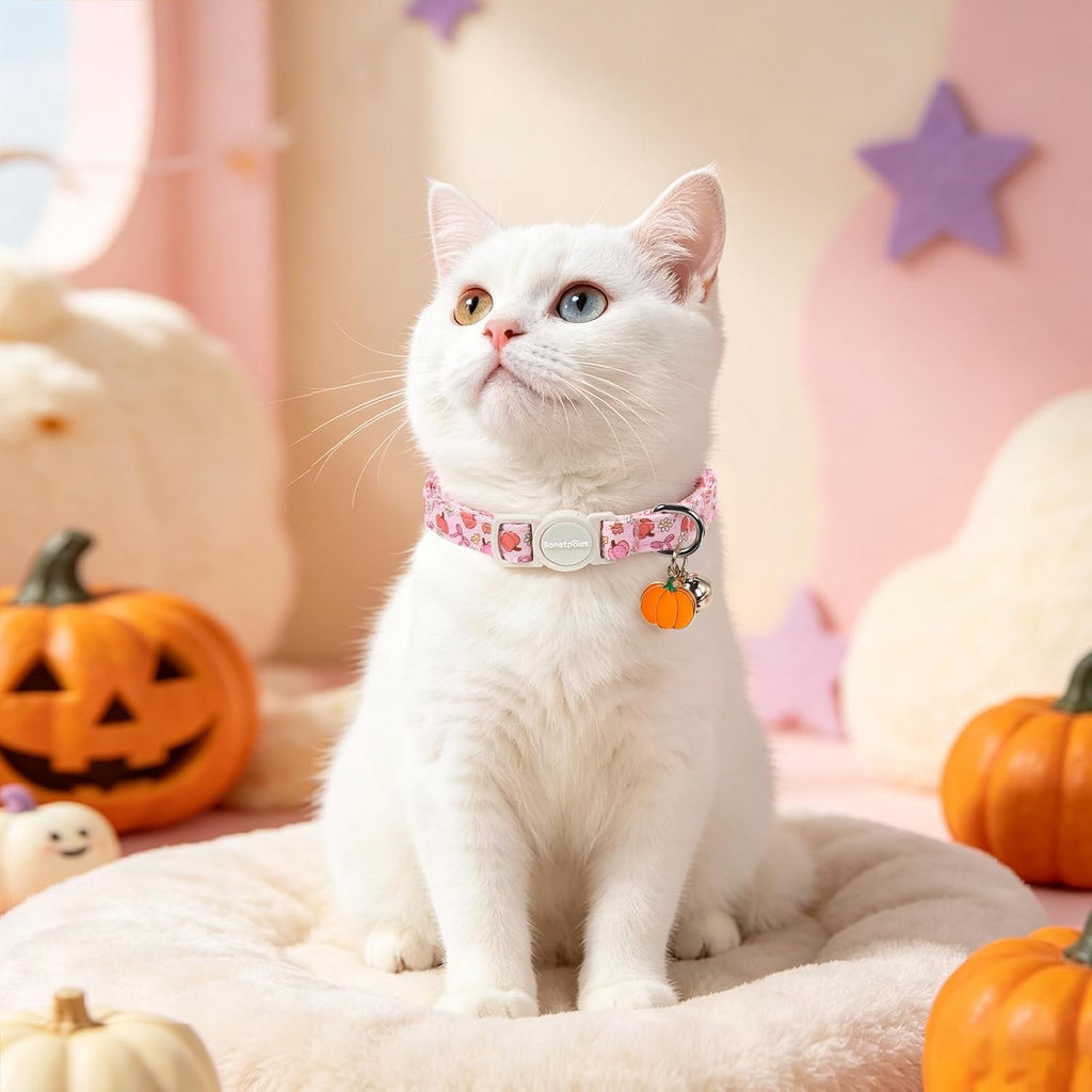 LIONET PAWS 2 Pack Breakaway Cat Collars, Cute Soft Cotton Fall Pink Floral Pumpkin & Maple Leaves Kitten Collars with Bell & Charm for Boy Girl Cats