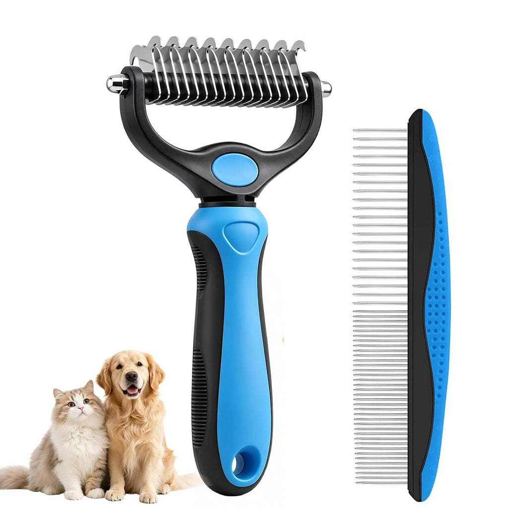2Pcs Dematting Comb,Pet Grooming Rake & Metal Comb & Flea Comb for Cats and Dogs, Double-Sided Dematting Tool, for Long & Short Hair, Heavy Shedding & Matted Fur