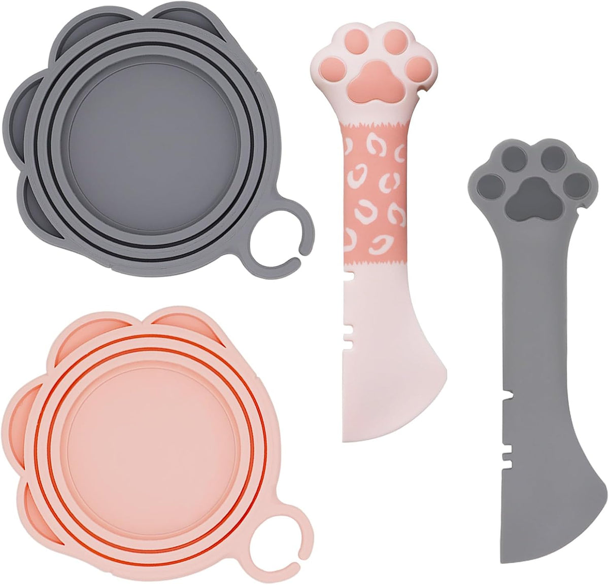 SJANE 4 Pcs Cat Food Spoon & Can Covers | Cute Paw Silicone Pet Food Opener Spatula & Lids | Stainless Steel Wet Food Spoon for Cats and Dogs (Pink+Grey)