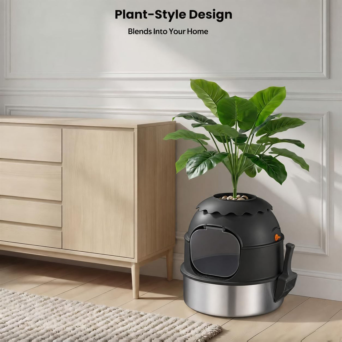 Hidden Litter Box, Stainless Steel Litter Box with Faux Plant Decor, Litter Box Enclosure with Clear Front Door, Includes Scoop & Litter Mat, Odor Control, Easy to Clean (Black)