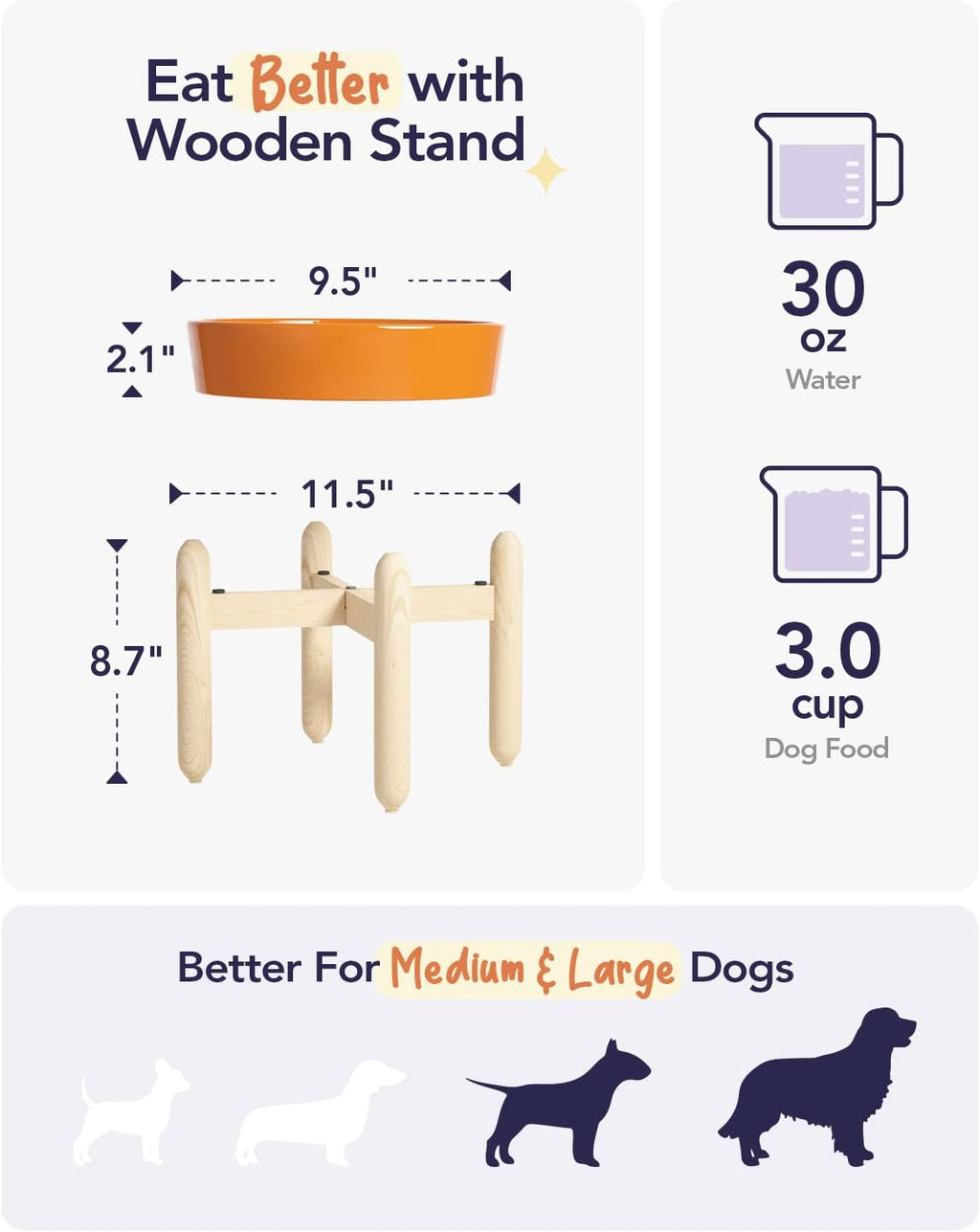 LE TAUCI Ceramic Slow Feeder Puzzle Bowl Elevated 3 Cup with Wooden Stand for Medium Large Dog, Fast Eater Slow Eating Food Bowl, Sun Orange