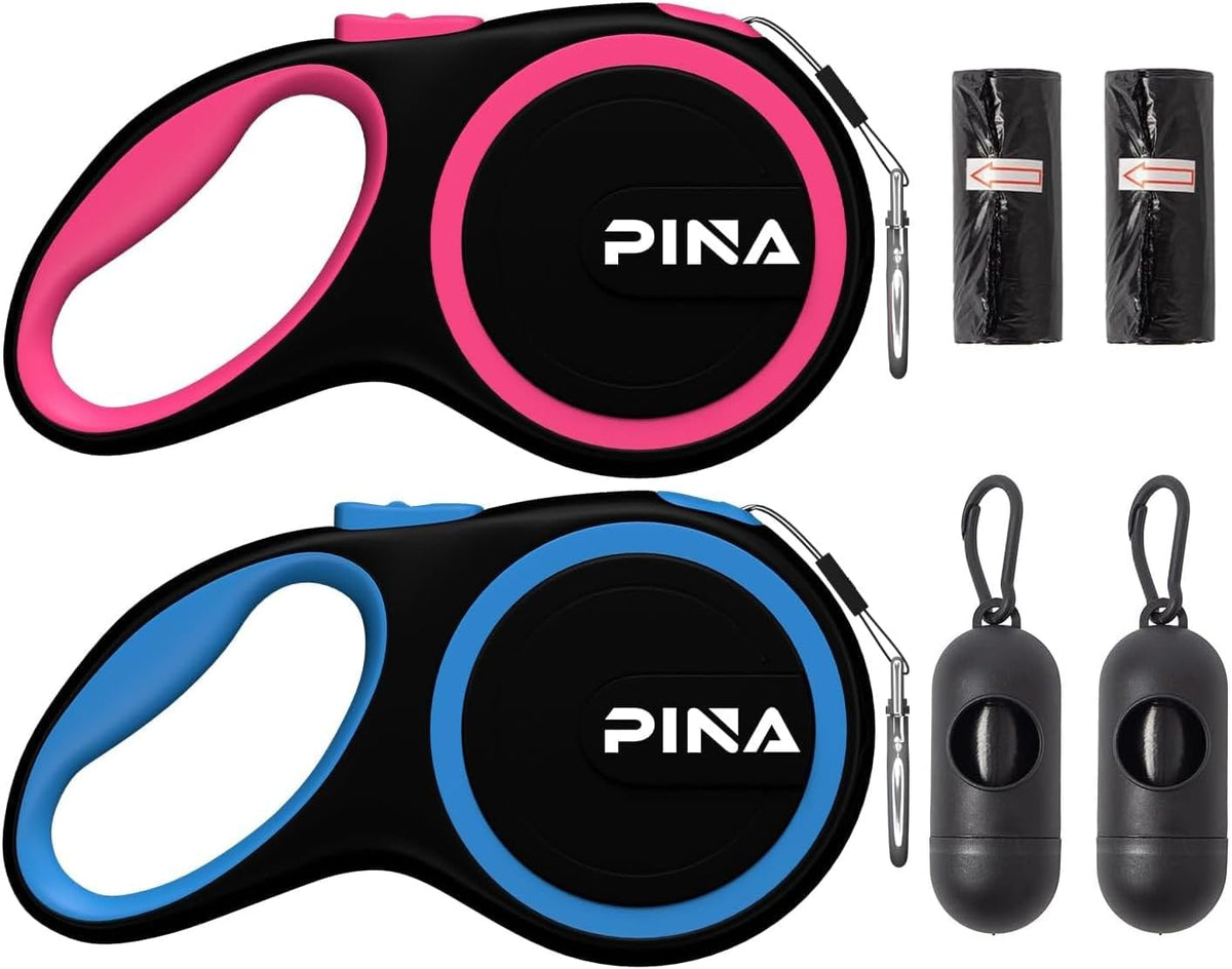 PINA Retractable Dog Leash, 26ft Dog Leash for Small Medium Large Dogs Up to 110lbs, 360° Tangle-Free Strong Reflective Nylon Tape, with Anti-Slip Handle, One-Handed Brake, Lock - 2PACK