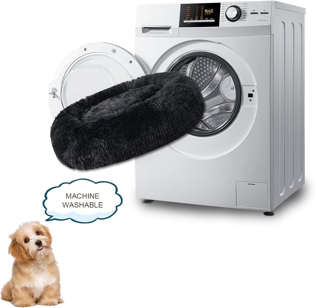Patas Lague Calming Dog Bed for Medium Dogs, Fluffy Soft Cozy Cat Bed, Faux Fur Anti-Anxiety Plush Washable Pet Donut Cuddler for All Seasons 24IN, Black