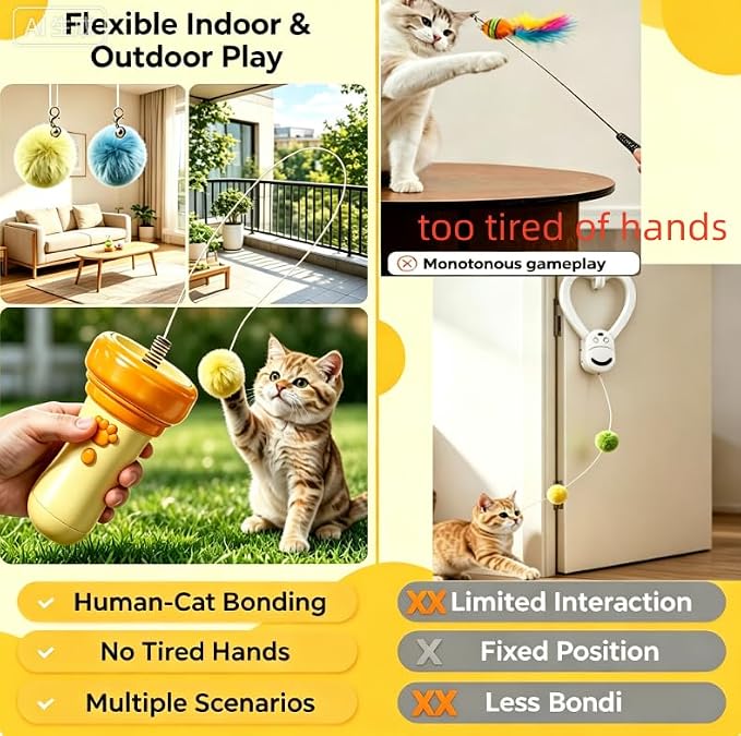 Electric Cat Wand Toy Retractable for Indoor Cats, Kittens Teaser Launcher with Ball & Telescopic Rope Launcher, Electric Interactive Toys for Cats, Relief Enrichment Toys (Orange)