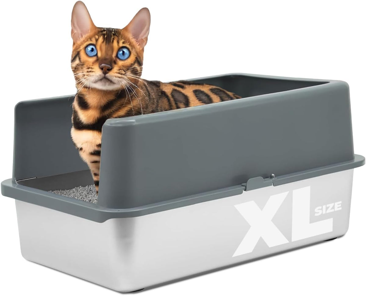 iPrimio Stainless Steel Cat Litter Box, XL 23.5" x 15.5" with Enclosure | High sided steel box with a detachable enclosure that cuts litter scatter and spray. Rust proof and odor resistant for life.