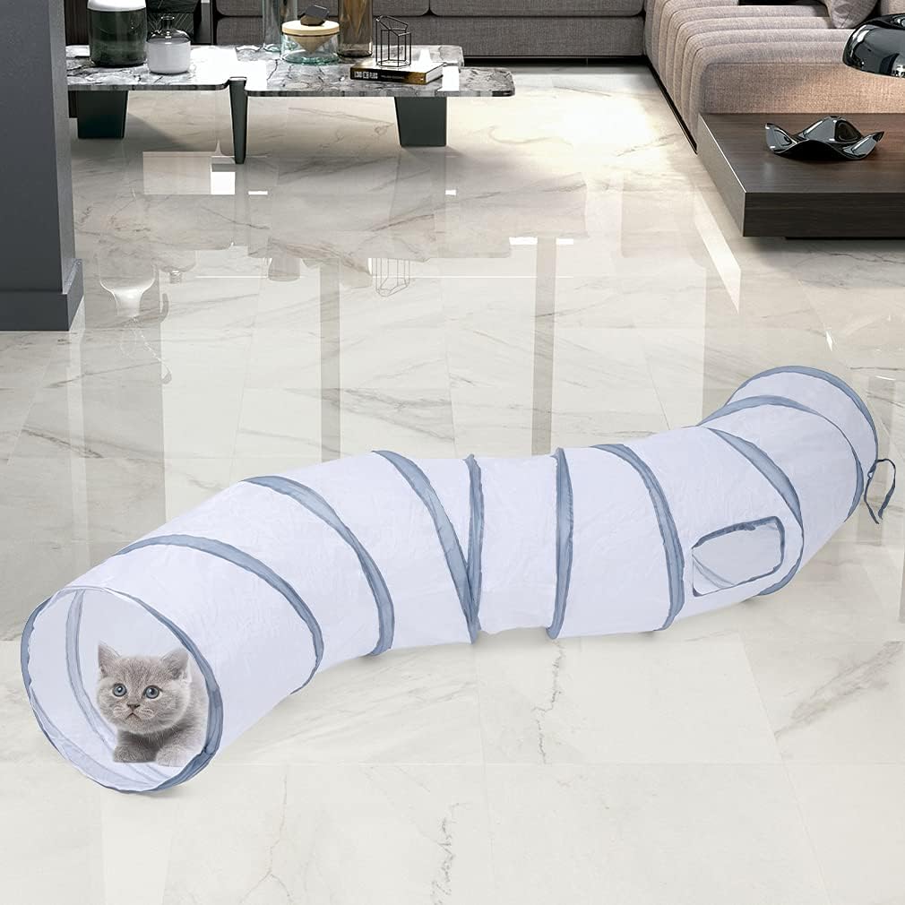 Sheldamy Cat Tunnel, S-2-Way Cat Tunnels for Indoor Cats, Collapsible Cat Play Tunnel, Interactive Toy Maze Cat House with 1 Play Ball for Cats, Puppy, Kitty, Kitten, Rabbit (White & Gray)