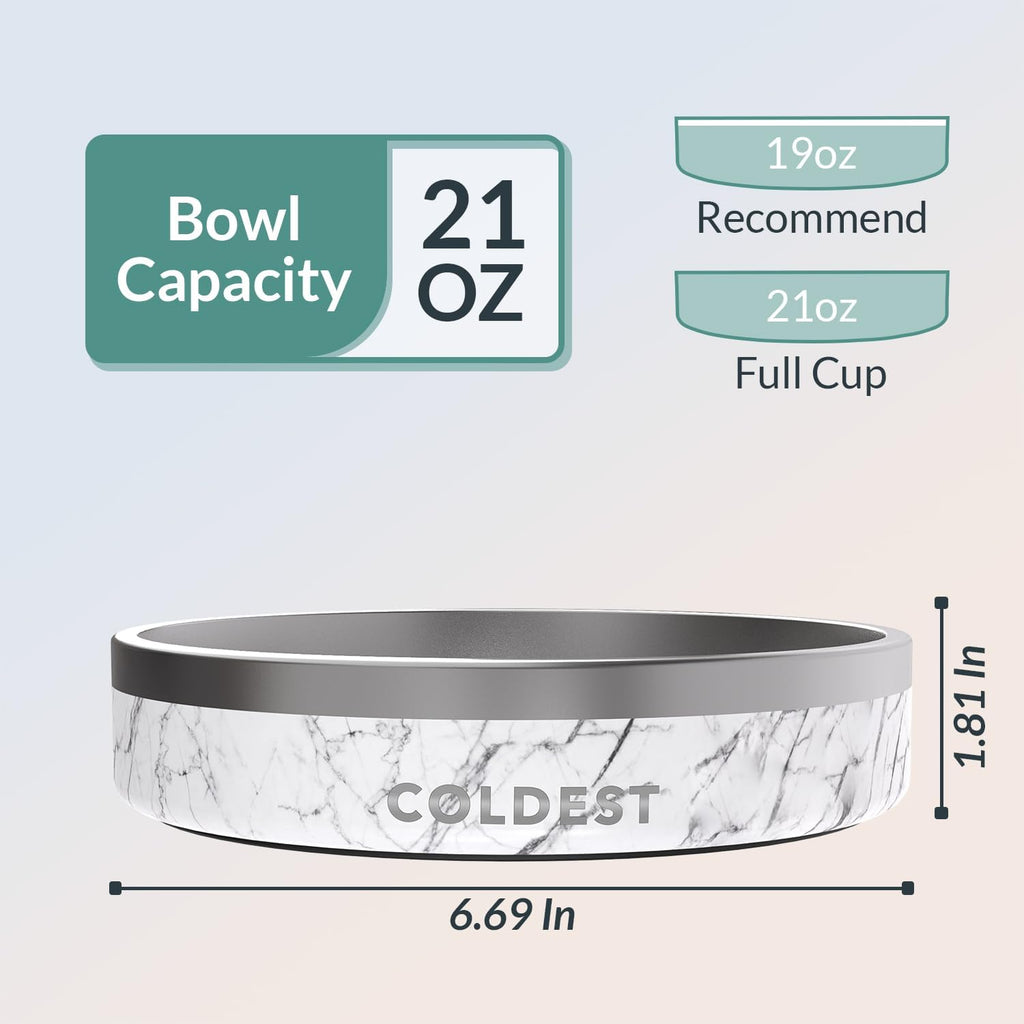 Coldest Dog Bowl - Anti Rust Metal, Non Slip, 3 Layers Insulated Stainless Steel Dog Bowls - Spill Proof & Heavy Duty - Water Bowl for Dogs, Cats & Pets, Dish Washer Safe (21 oz, Carrara Marble)