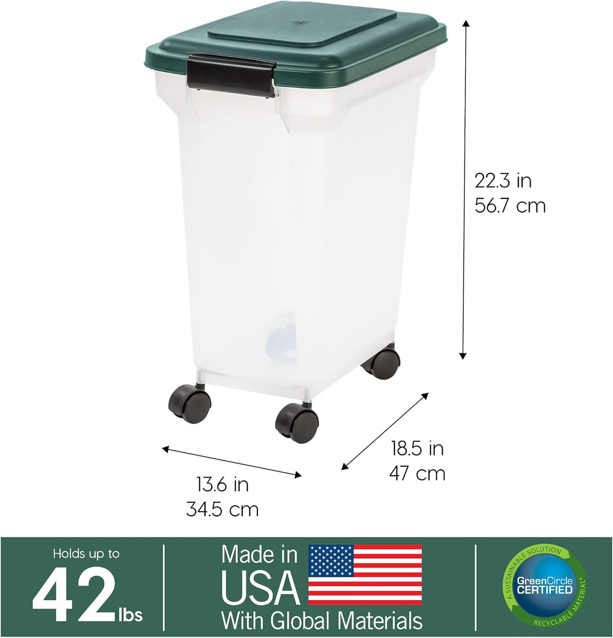 IRIS USA Remington WeatherPro Airtight Dog Food Storage Container, Up to 42 lbs, Attachable Wheels, For Dog Cat Bird and Other Pet Food Storage Bin, Keep Fresh, Translucent Body, Green