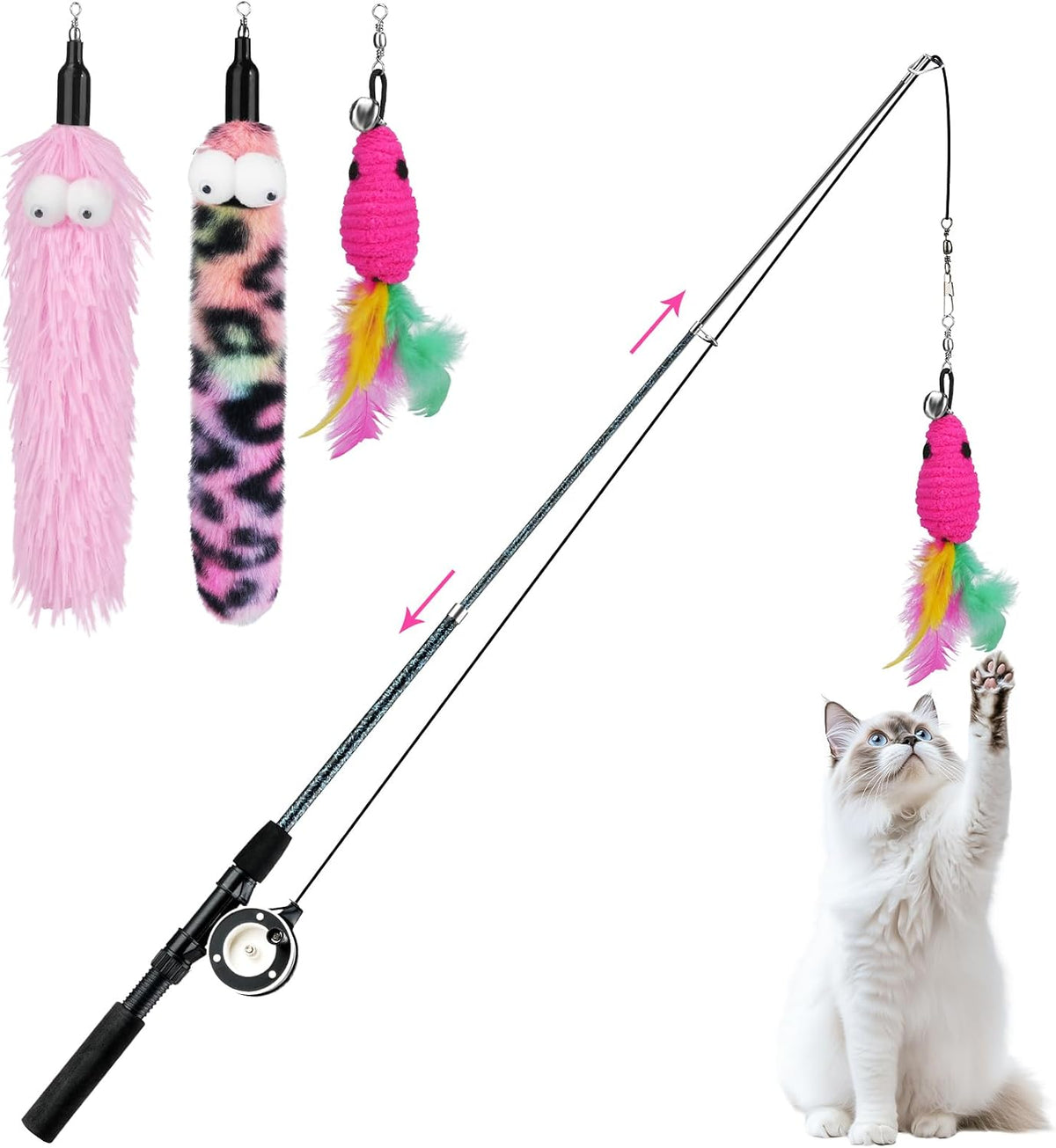 Pawaboo Cat Teaser Wand Toys, Cat Fishing Pole Toy with 3 PCS Feathers