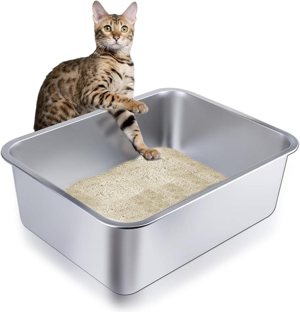 Stainless Steel Cat Litter Box - Medium Litter Box for Cats, Rabbits, and Pets, Non-Stick, Odor-Free, Easy to Clean, Splash-Proof, Sturdy and Durable (17.7" L x 13.8" W x 6" H)