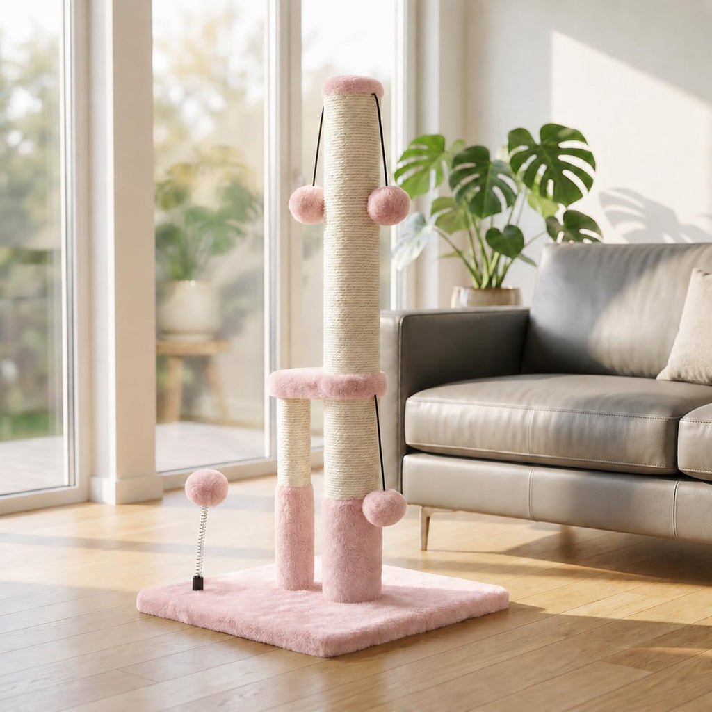 Dimaka Tall Cat Scratching Post, Double Lower Posts Extra Stable Cat Post Tree Scratcher with Sisal Rope and Teasing 4 Balls Total Large Base (Pink)