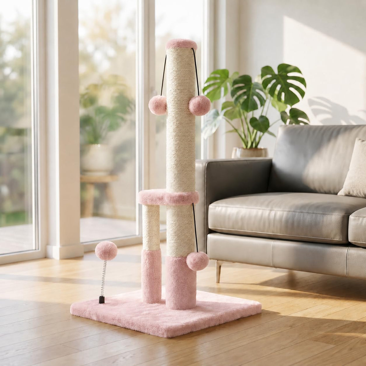 Dimaka Tall Cat Scratching Post, Double Lower Posts Extra Stable Cat Post Tree Scratcher with Sisal Rope and Teasing 4 Balls Total Large Base (Pink)