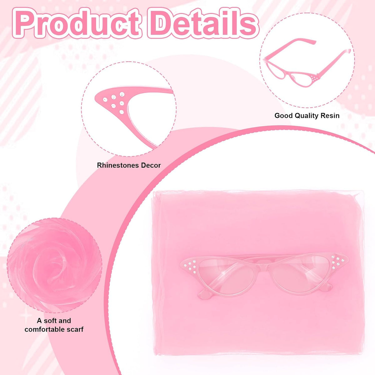 50s Set 50's Costume Accessories Chiffon Scarf Cat Eye Glasses Bandana Tie Headband Earrings for Cosplay Party
