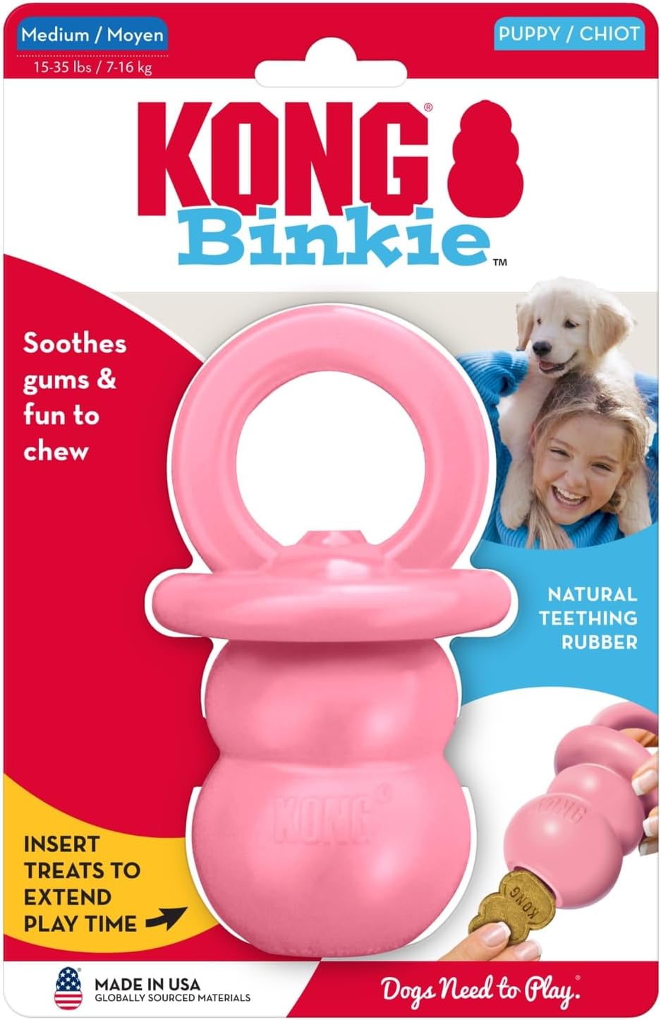 KONG Puppy Binkie, Natural Rubber Teething Toy, for Medium Puppies, Pink | Pacifier-Shaped Stuffable Rubber Toy That Soothes Sore Gums While Teething & Holds Treats to Keep Puppies Busy