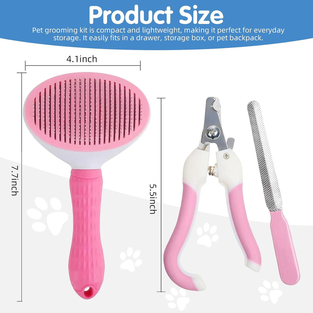 Oromaviela 3PCS Dog Cat Rabbit Bunny Grooming Kit, Self-Cleaning Slicker Dog Brush for Shedding, Fine-Needle Comb, Pet Nail Clipper & File for Long/Short-Haired Pets, Easy to Remove Loose (3, pink)