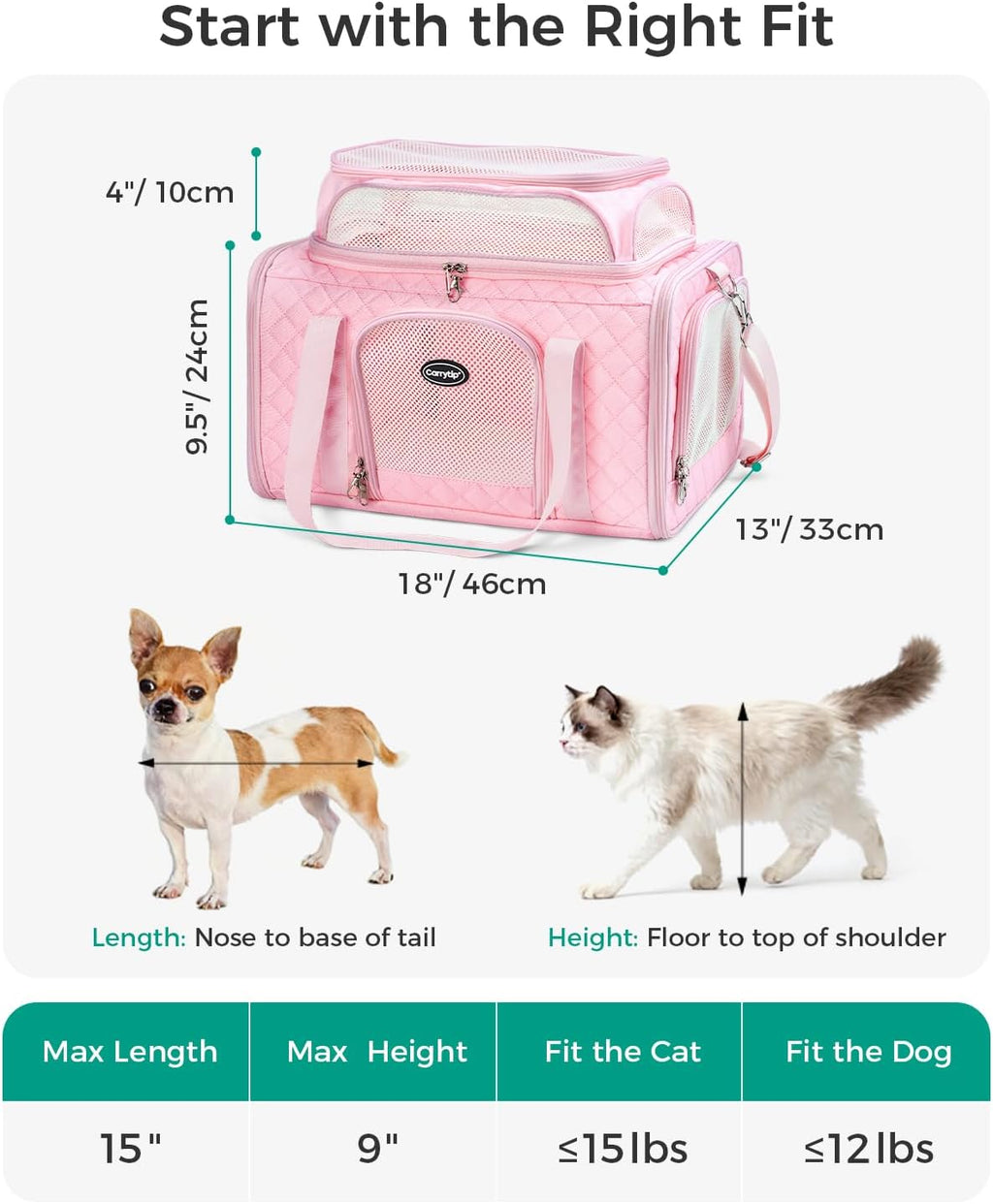 Pet Carrier Airline Approved 18x13x9.5 in, Soft-Sided Top-Expandable, Pink